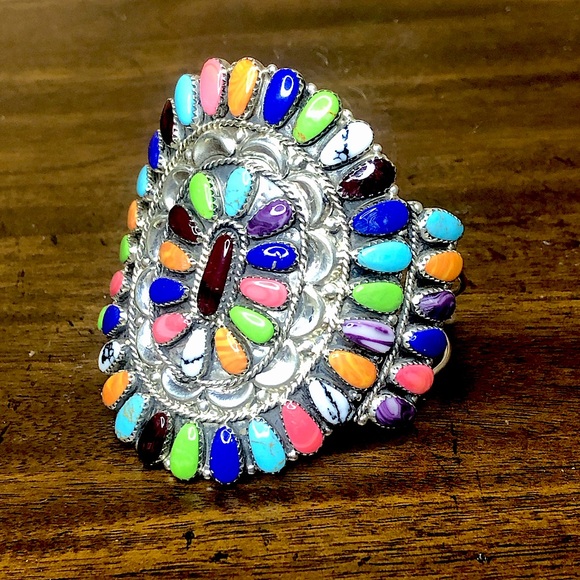 NAVAJO Handmade Native American Sterling Silver Multi Gemstone Petit Point Cuff - Picture 4 of 17
